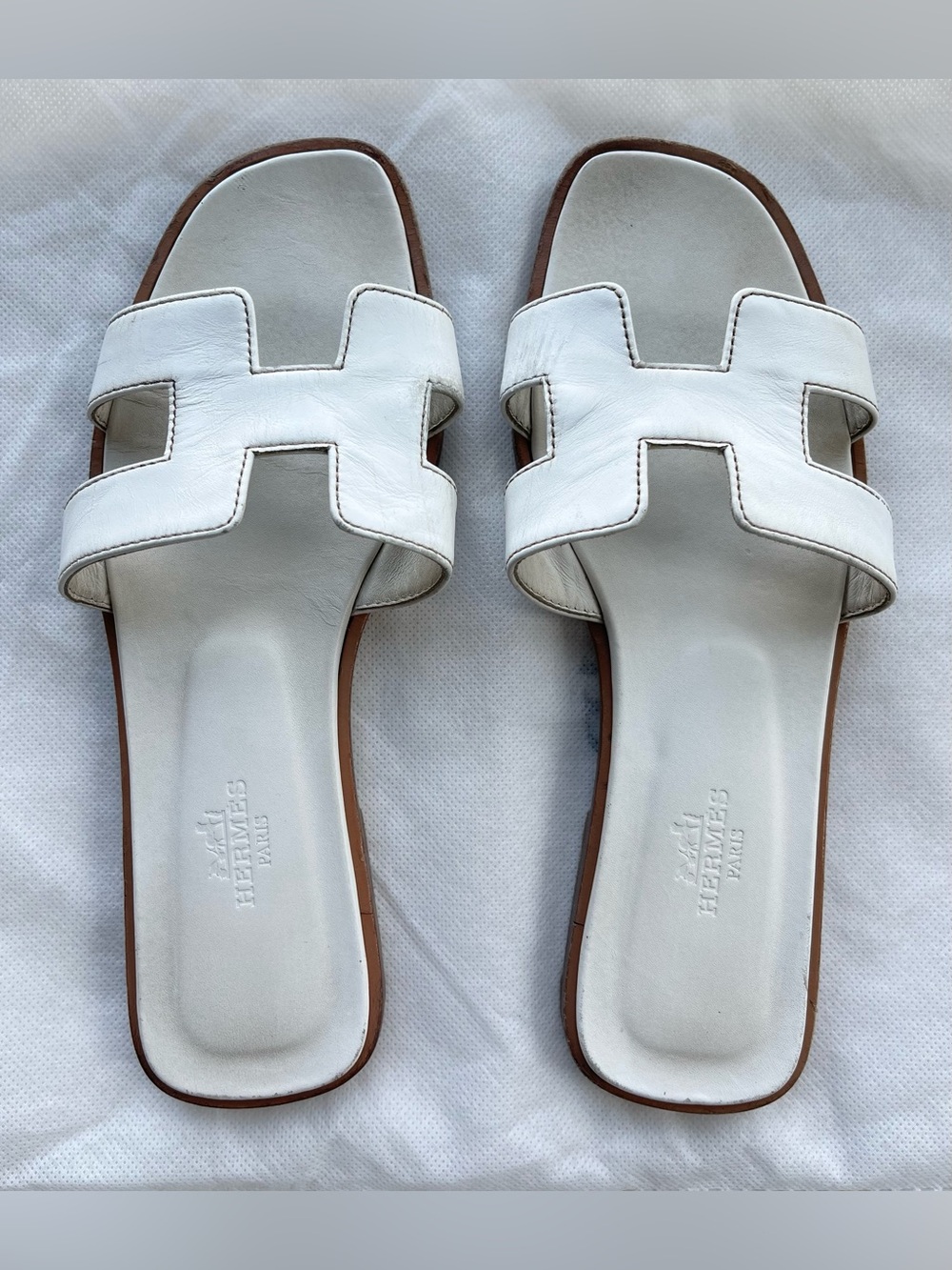 Hermes Oran H Cut White Leather Slide Sandals 36 Authentic
